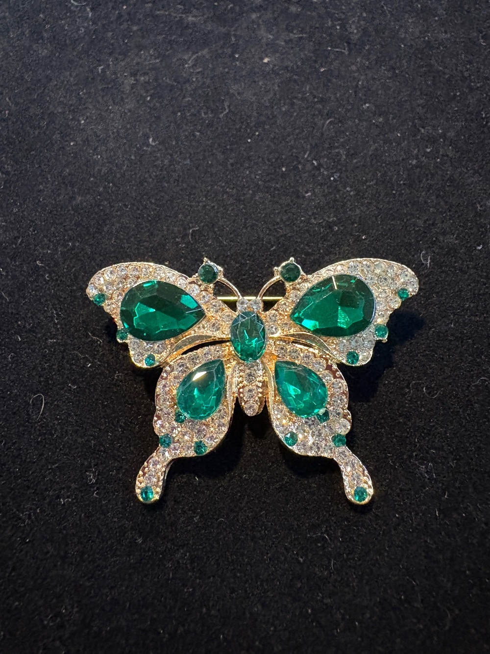 Emerald Green Crystal Butterfly Brooch - Gold Tone